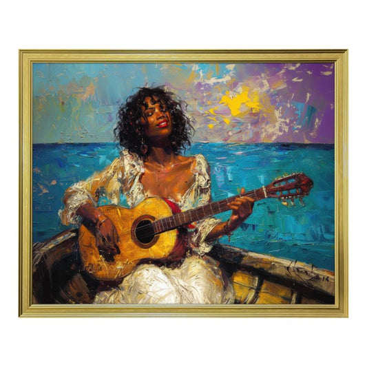 "Serenade of the Sea" Afrocentric Canvas Art | Black Woman with Guitar