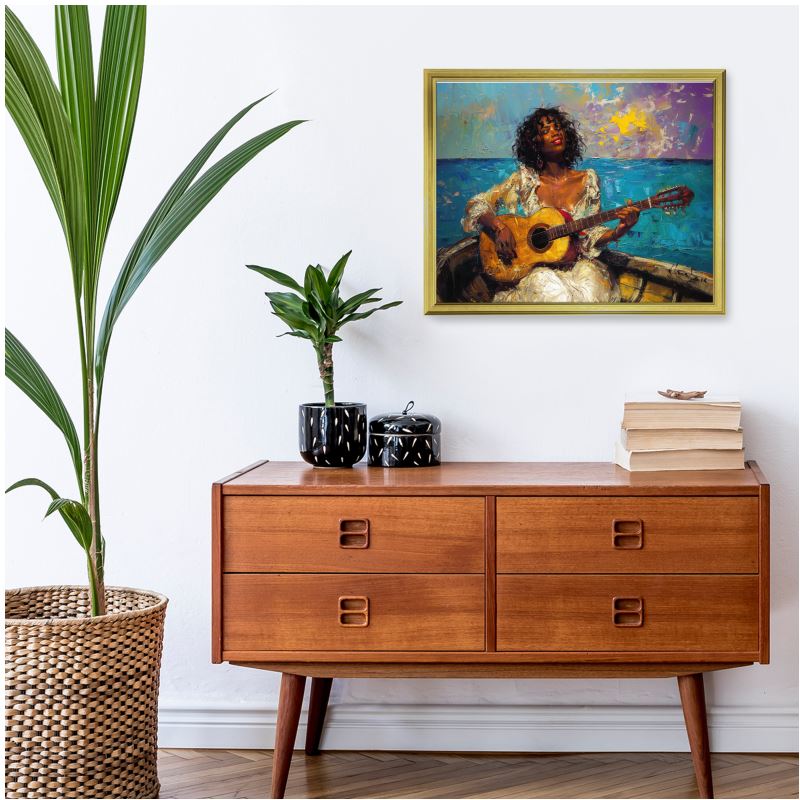 "Serenade of the Sea" Afrocentric Canvas Art | Black Woman with Guitar