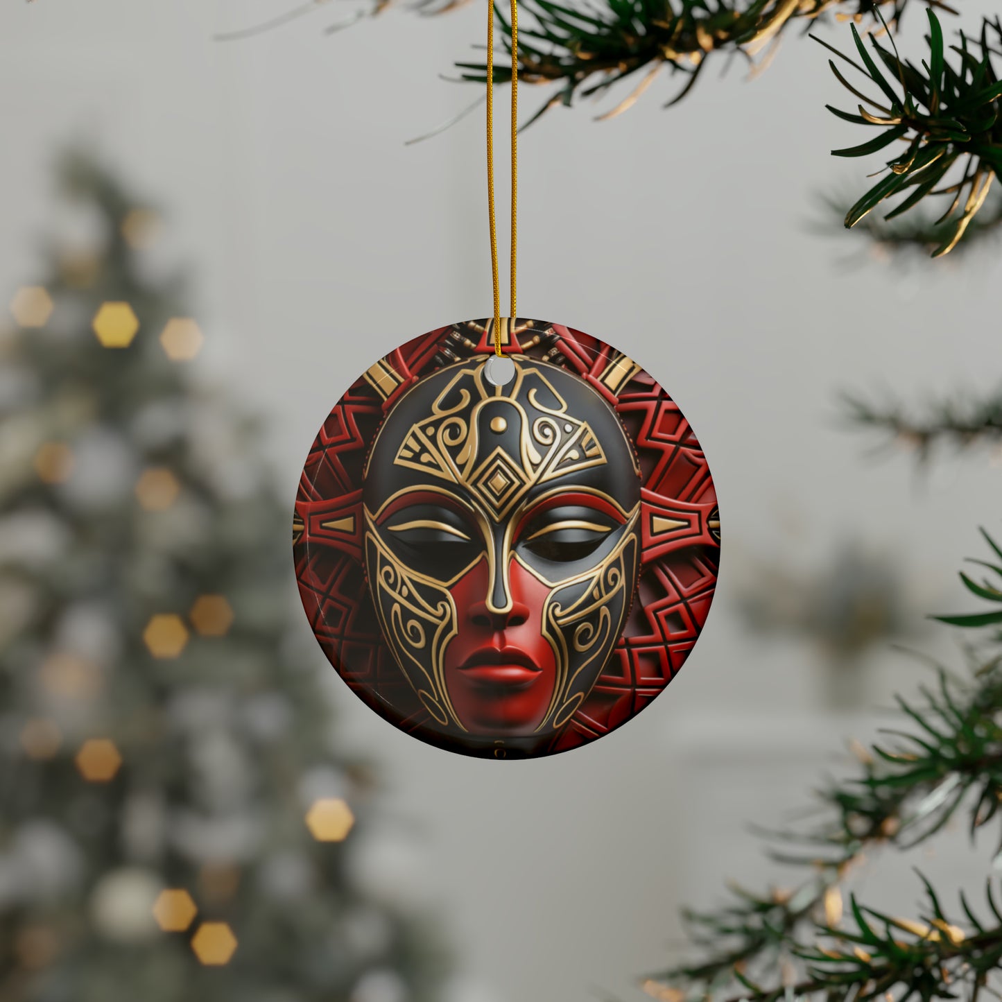 Black Queen Kwanzaa Christmas Decor Crimson and Gold Mask Two-Sided Bulk Ceramic Ornaments (1pcs, 5pcs, 10pcs, 20pcs) free shipping