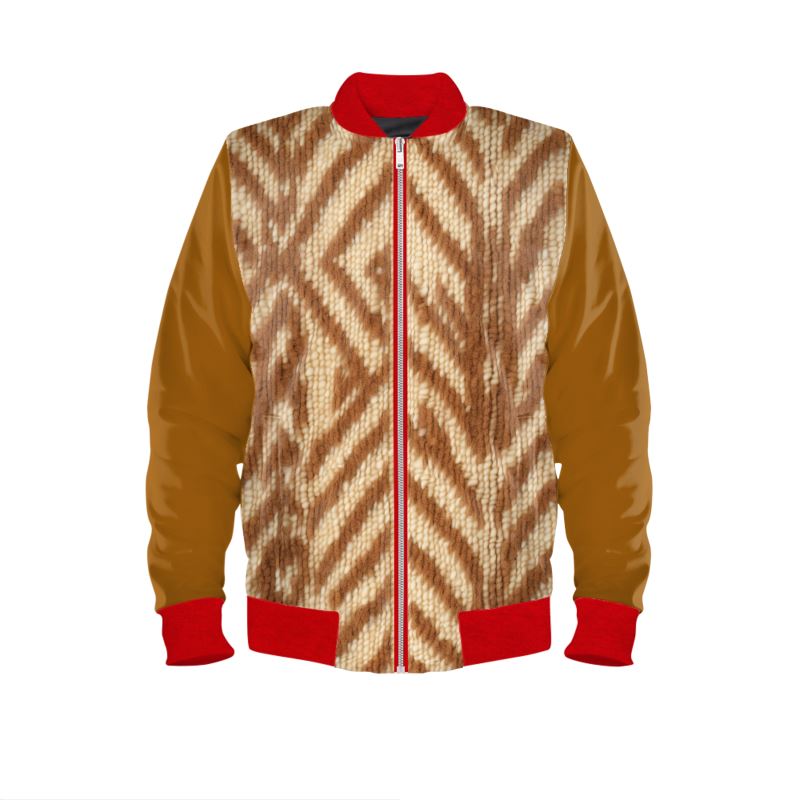 Tan tribal print Ladies Leather Bomber with Crimson Trim