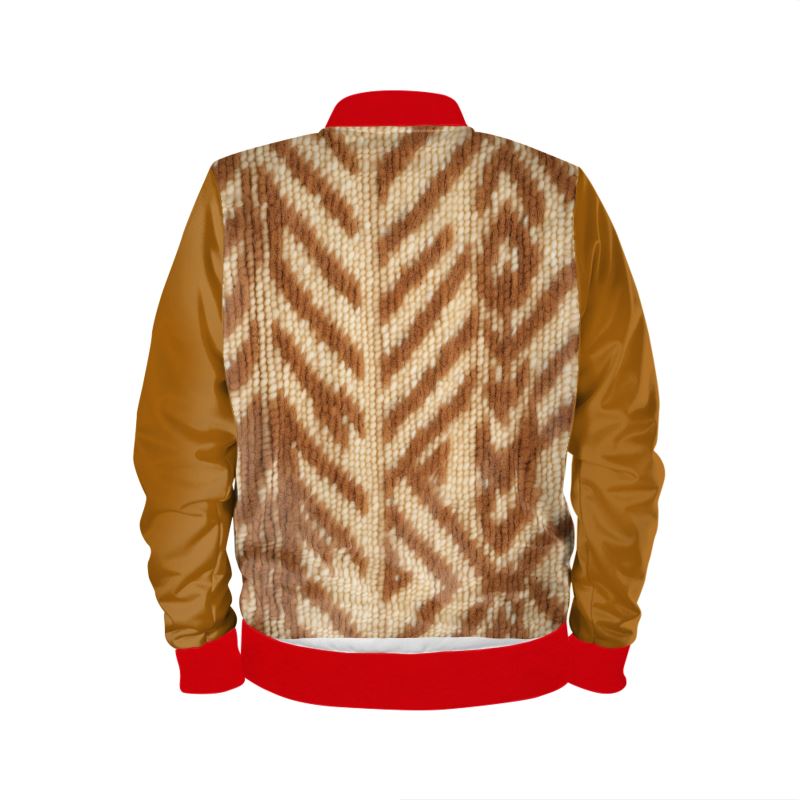 Tan tribal print Ladies Leather Bomber with Crimson Trim